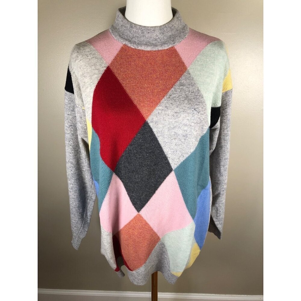 UNBRANDED Made in Italy Lambswool Blend Mock Neck 3/4 Sleeve Argyle Sweater Size